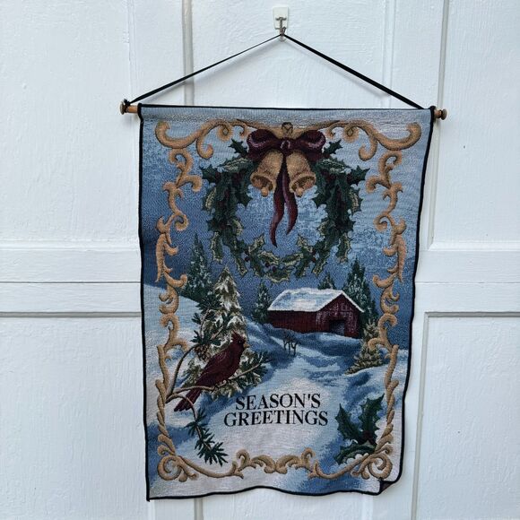 1990s Vintage Manual Woodworkers & Weavers “Season’s Greetings” Wall Tapestry - Picture 1 of 5